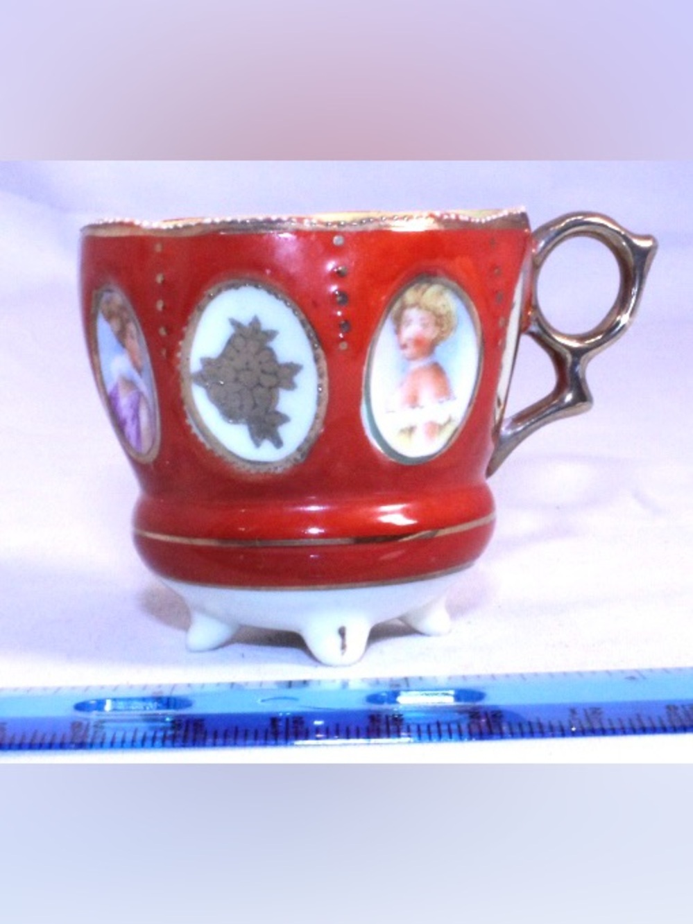 Antique Red Porcelain Footed Mini Cup with Painted Cameos -  Occupied Japan